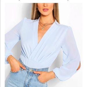 Boohoo Wrap Chiffon sleeve Bodysuit